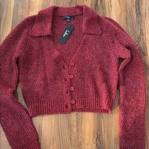 Lulu's Red Cardigan Sweater with Collared Neckline